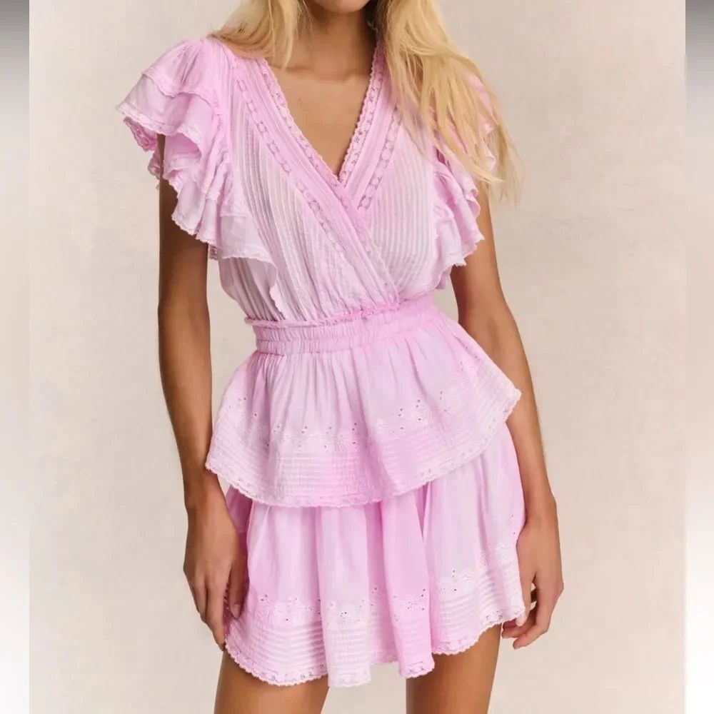 LoveShackFancy Gwen Ruffle Mini Dress in peony pink tie-dye cotton with lace